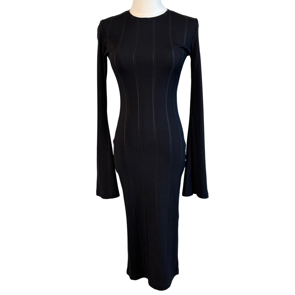 Kendall + Kylie Midi Dress Black Womens XS Ribbed Long Bell Sleeve Bodycon